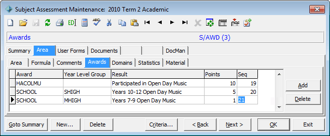 Subject Assessment Maintenance - Area tab - awards sub-tab (two awards example)