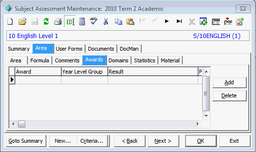 Subject Assessment Maintenance - Area tab - Awards sub-tab
