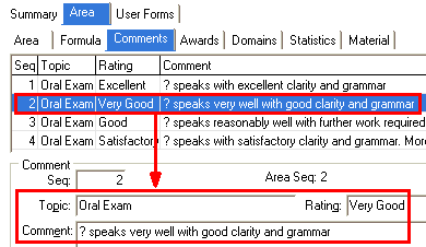 Subject Assessment Maintenance - Area tab - Comments sub-tab (grid area)