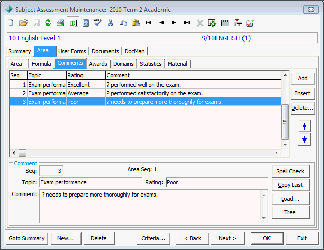 Subject Assessment Maintenance - Area tab - Comments sub-tab