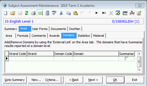 Subject Assessment Maintenance - Area tab - Domains sub-tab