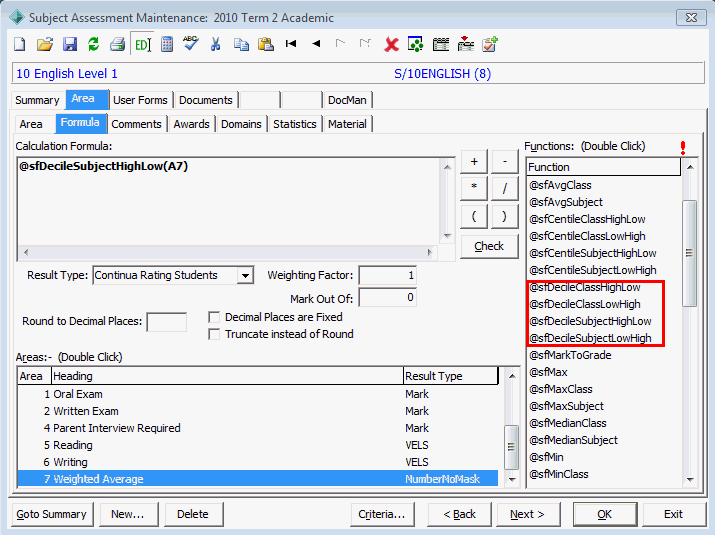 Subject Assessment Maintenance - Area tab - Formula sub-tab (@sfDecileSubjectHighLow example)