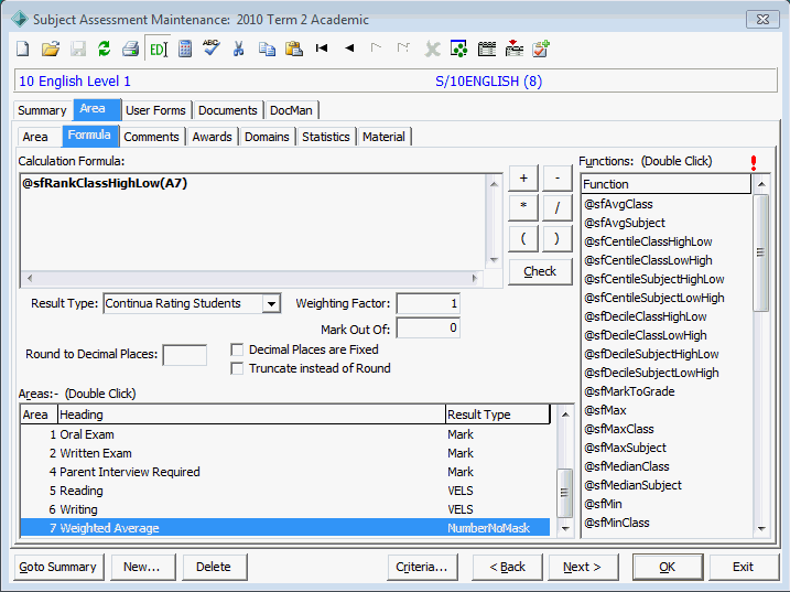 Subject Assessment Maintenance - Area tab - Formula sub-tab (@sfRankClassHighLow example)