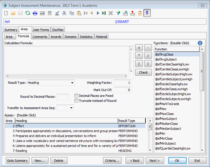 Subject Assessment Maintenance - Area tab - Formula sub-tab