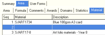 Subject Assessment Maintenance - Area tab - Material sub-tab (grid area)