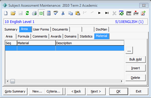 Subject Assessment Maintenance - Area tab - Material sub-tab