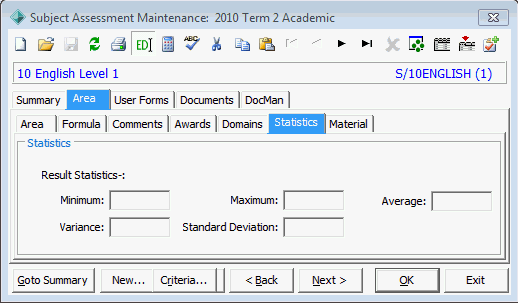 Subject Assessment Maintenance - Area tab - Statistics sub-tab