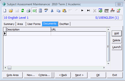 Subject Assessment Maintenance - Documents tab