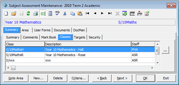 Subject Assessment Maintenance - Summary tab - Classes sub-tab