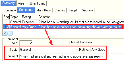 Subject Assessment Maintenance - Summary tab - Comments sub-tab (cut down)
