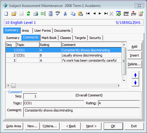Subject Assessment Maintenance - Summary tab - Comments sub-tab