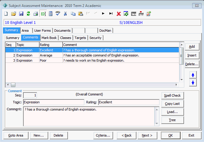 Subject Assessment Maintenance - Summary tab - Comments sub-tab