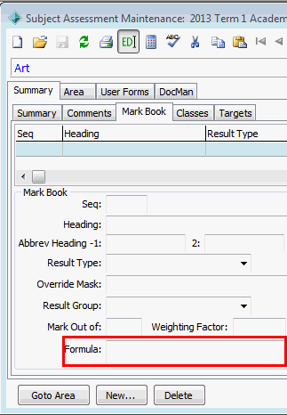 Subject Assessment Maintenance - Summary tab - Mark Book sub-tab (cut down, formula highlighted)