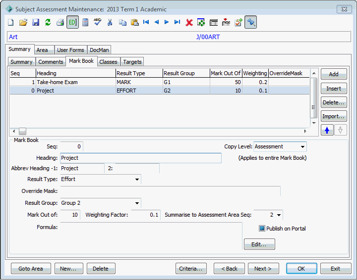 Subject Assessment Maintenance - Summary tab - Mark Book sub-tab (populated)