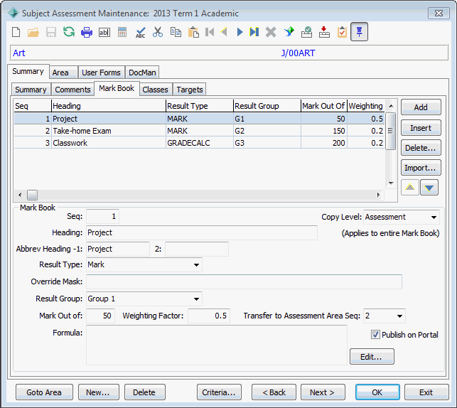 Subject Assessment Maintenance - Summary tab - Mark Book sub-tab (Art example)