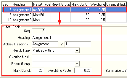 Subject Assessment Maintenance - Summary tab - Mark Book tab (grid area fields)