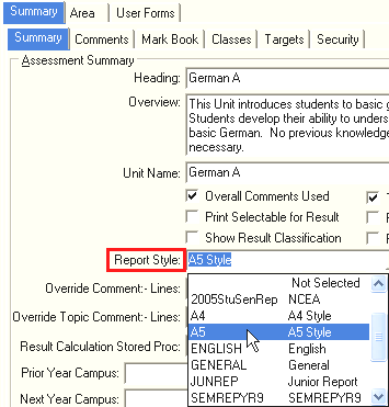 Subject Assessment Maintenance - Summary tab - Summary sub-tab (Report Style)