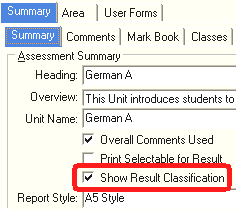 Subject Assessment Maintenance - Summary tab - Summary sub-tab (Show Result Classification field)