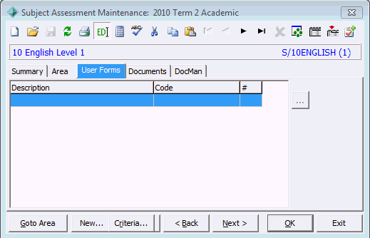 Subject Assessment Maintenance - User Forms tab