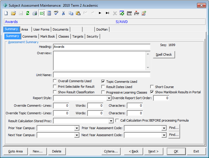 Subject Assessment Maintenance window (initial view, awards example)