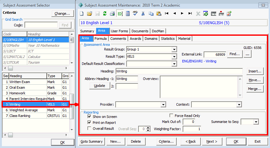 Subject Assessment Maintenance windows (Adding VELS area)