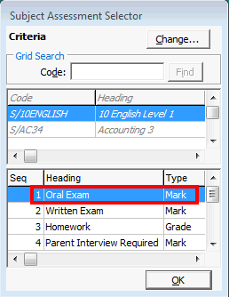 Subject Assessment Selector window