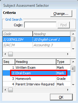 Subject Assessment Selector window