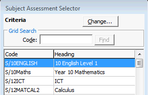 Subject Assessment Selector window (cut down)