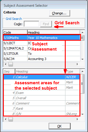Subject Assessment Selector (highlighted)