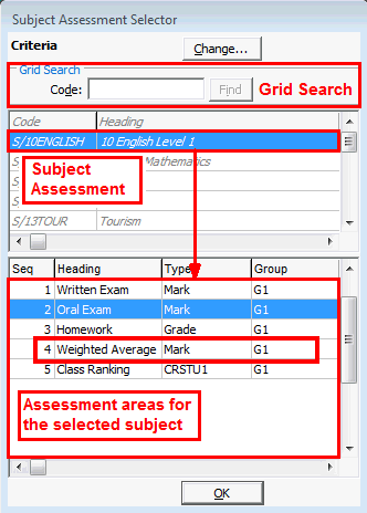Subject Assessment Selector window