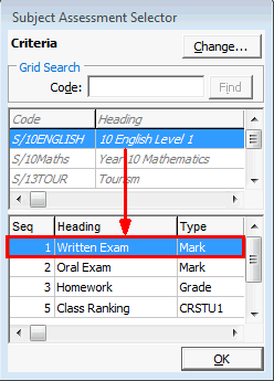 Subject Assessment Selector (subject assessment area)