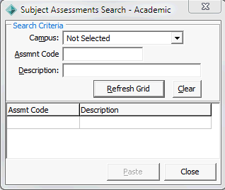 Subject Assessments Search window
