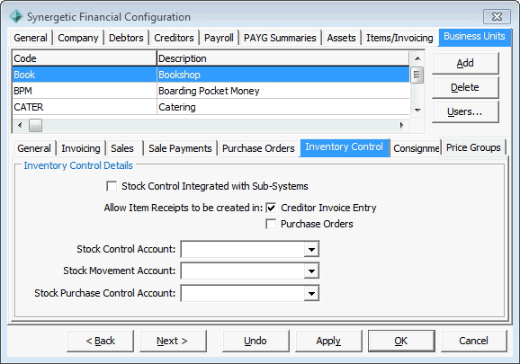 Finance Configuration Maintenance - Business Units - Inventory Control sub-tab