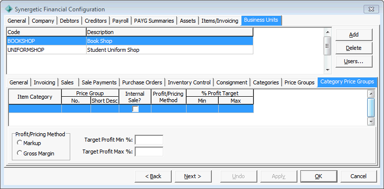 Synergetic Financial Configuration - Business Units tab - CategoryPriceGroups sub-tab