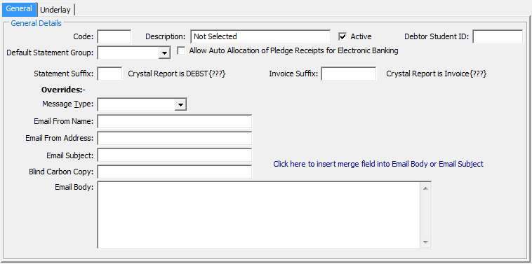 Synergetic Financial Configuration - Debtors tab - Sub Ledgers sub-tab (cut down, general tab area)