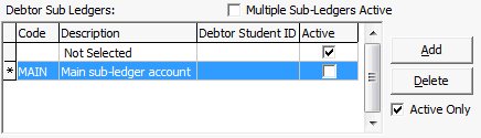 Synergetic Financial Configuration - Debtors tab - Sub Ledgers sub-tab (cut down, grid area)