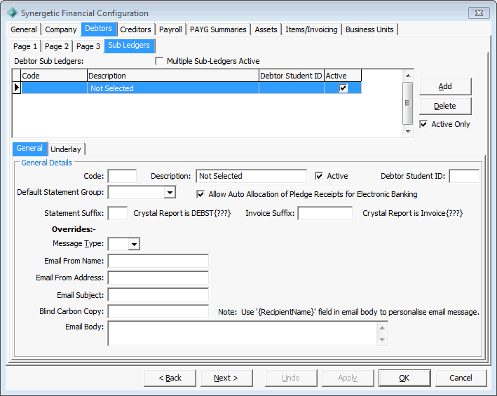 Synergetic Financial Configuration - Debtors tab - Sub Ledgers sub-tab