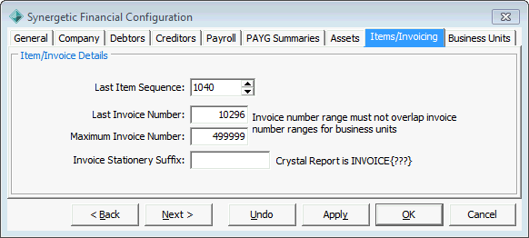 Finance Configuration Maintenance - Items/Invoicing tab