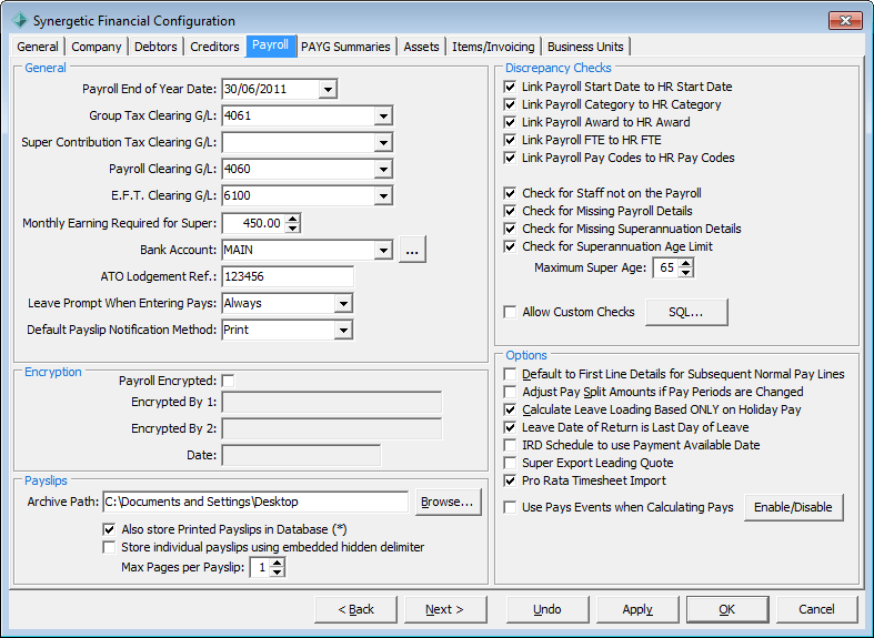 Finance Configuration Maintenance - Payroll tab