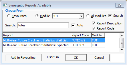 Synergetic Reports Available window (Multi-Year Future Enrolment Statistics reports)