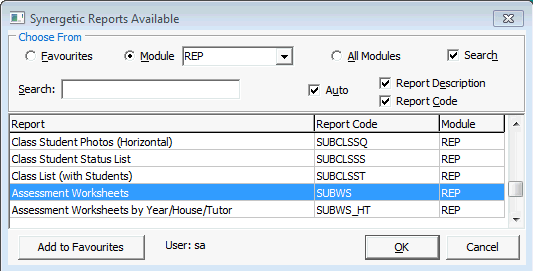 Synergetic Reports Available window