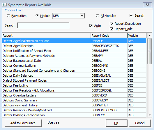 Synergetic Reports Available window - Debtors reports