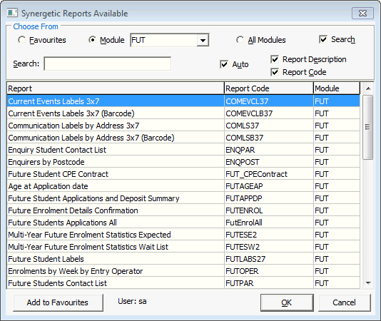Future Student Crystal Reports Available window