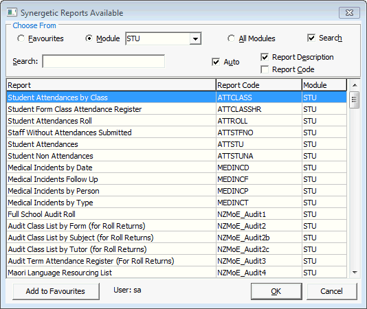 Synergetic Reports Available window
