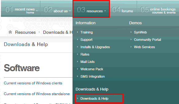 Synergetic Website menu (downloads and help highlighted)