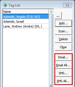 Tag List (cut down, email and sms buttons highlighted)