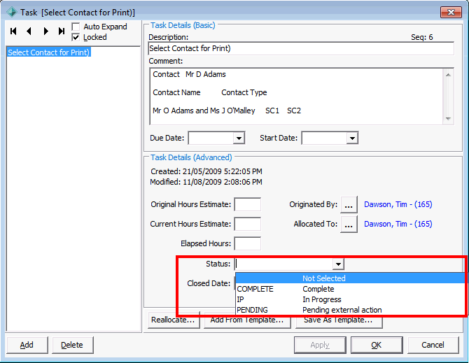 Task window (task status highlighted)