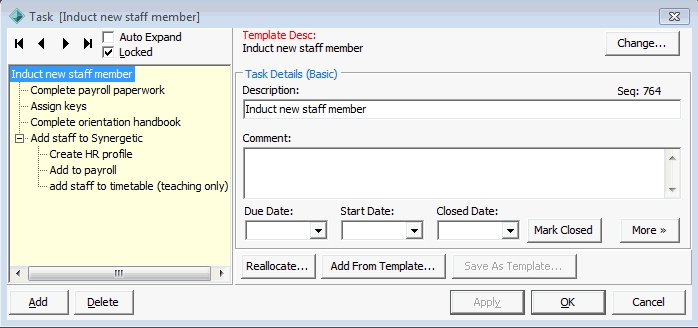 Task window (task template)