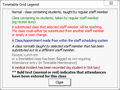 Timetable Grid Legend window