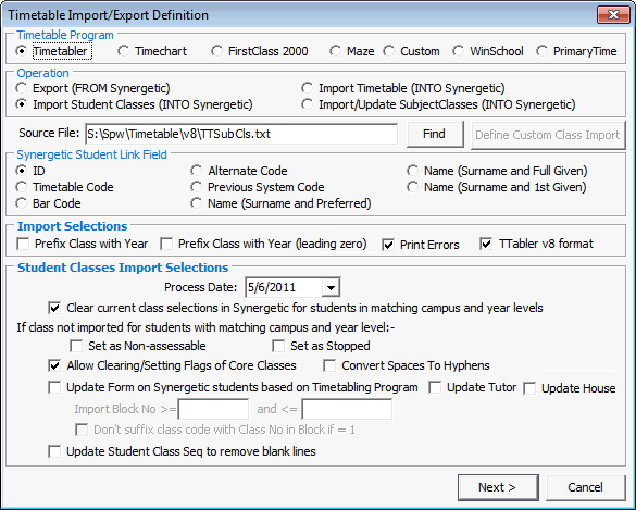 Timetable Import/Export Definition window (cut down)